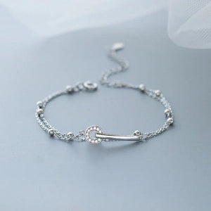 Layered Chain Charm Bracelet Stainless Steel CZ Bar Circle Bracelet