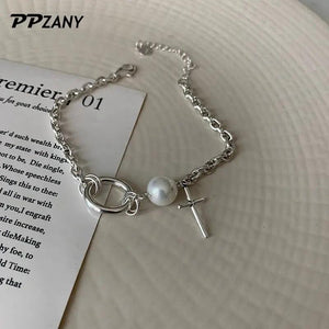 Korea Silver Pearl Cross Bracelet For Women Metal Cuban Girls Chain