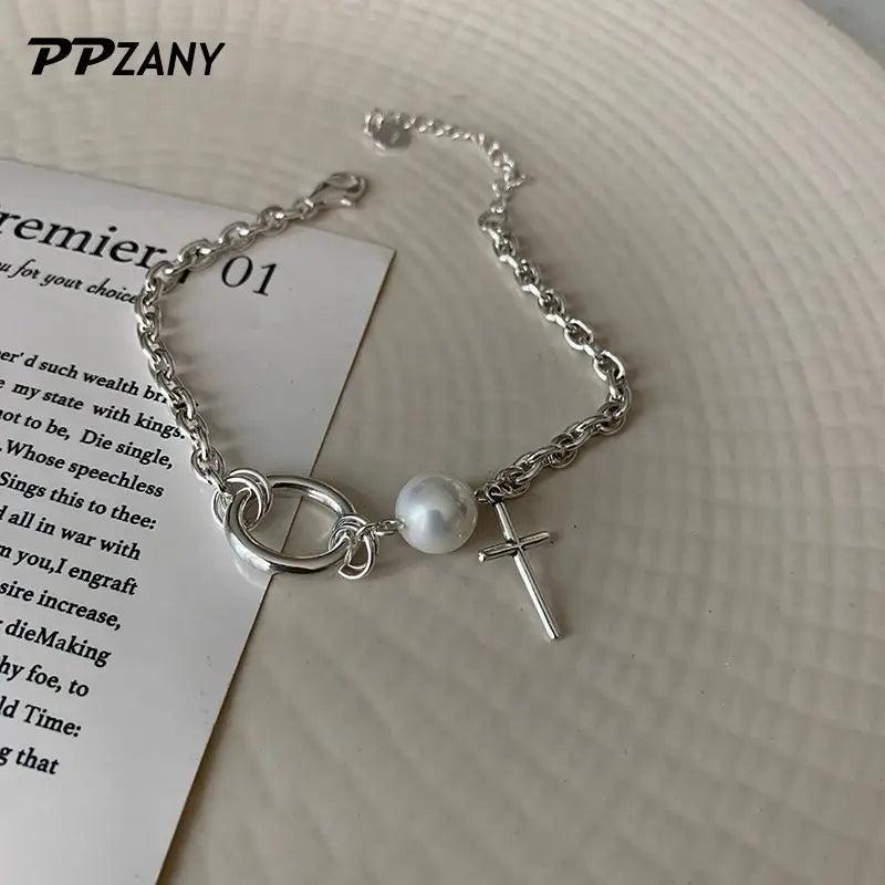 Korea Silver Pearl Cross Bracelet For Women Metal Cuban Girls Chain