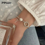 Korea Silver Pearl Cross Bracelet For Women Metal Cuban Girls Chain