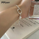 Korea Silver Pearl Cross Bracelet For Women Metal Cuban Girls Chain