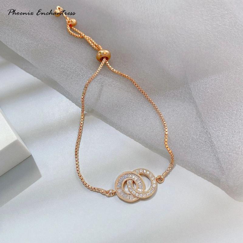 Stylish Copper Zircon Double Round Ring Pull Bracelet