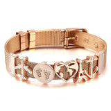Stainless Steel Watch Belt Mesh Bracelet Micro Pave CZ Globe Plane Beads
