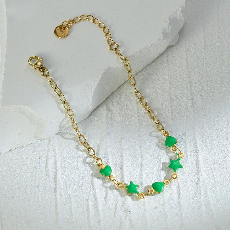 Green Purple Drip Oil Star Heart Chain Bracelet