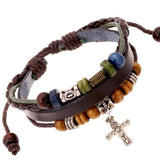 Vintage Retro Cross Jesus Bead Charm Multilayer Leather Wristband