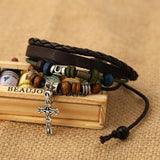 Vintage Retro Cross Jesus Bead Charm Multilayer Leather Wristband