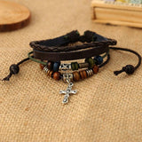 Vintage Retro Cross Jesus Bead Charm Multilayer Leather Wristband