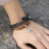 Vintage Retro Cross Jesus Bead Charm Multilayer Leather Wristband