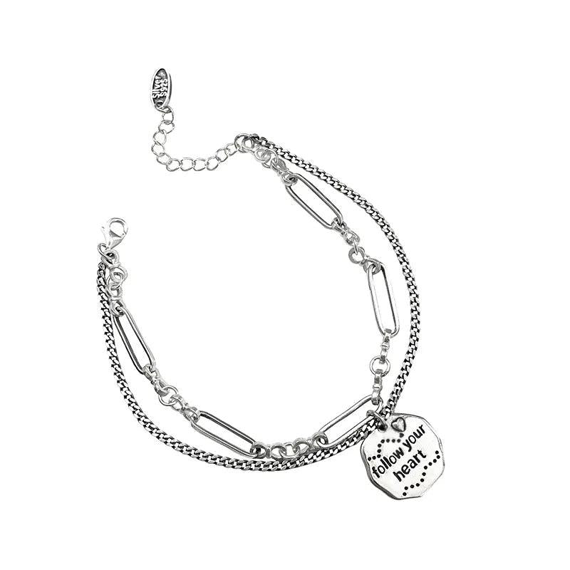 Silver Circular Letter Pendant Double Chain Bracelet for Women
