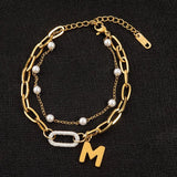 316L Stainless Steel Zircon Oval Geometric Double Layer Pearl Chain Bracelet