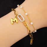 316L Stainless Steel Zircon Oval Geometric Double Layer Pearl Chain Bracelet