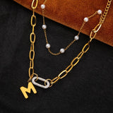 316L Stainless Steel Zircon Oval Geometric Double Layer Pearl Chain Bracelet