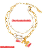 316L Stainless Steel Zircon Oval Geometric Double Layer Pearl Chain Bracelet