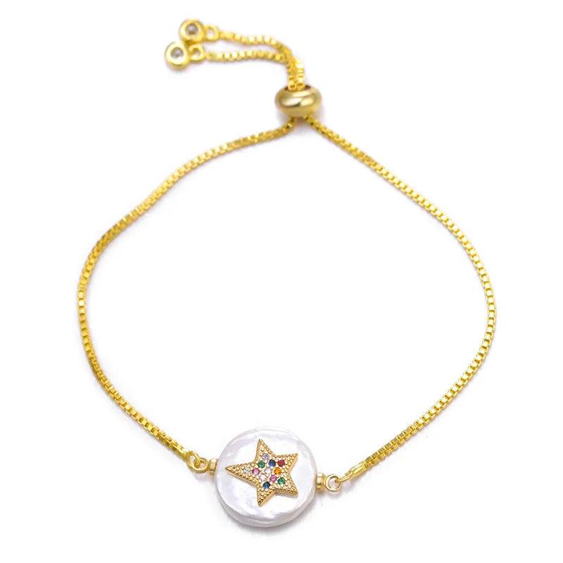 CZ Bee Heart Cross Charm Bracelet Natural Shell Chain Evil Eye Jewelry