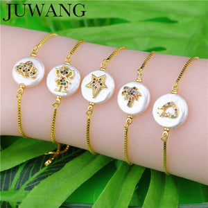 CZ Bee Heart Cross Charm Bracelet Natural Shell Chain Evil Eye Jewelry
