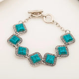 Vintage Square Green Turquoises Bracelet Women Silver Chain Link