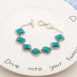 Vintage Square Green Turquoises Bracelet Women Silver Chain Link