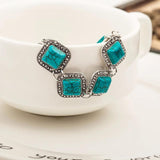 Vintage Square Green Turquoises Bracelet Women Silver Chain Link