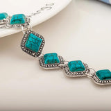 Vintage Square Green Turquoises Bracelet Women Silver Chain Link