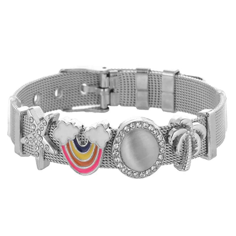 Rainbow Mesh Bracelet with Coconut Tree Charms, DIY Stainless Steel Jewelry Gift