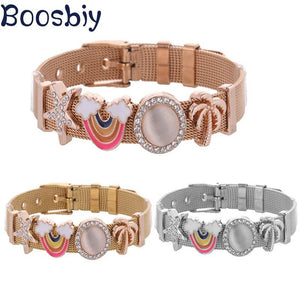 Rainbow Mesh Bracelet with Coconut Tree Charms, DIY Stainless Steel Jewelry Gift