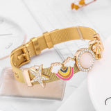 Rainbow Mesh Bracelet with Coconut Tree Charms, DIY Stainless Steel Jewelry Gift