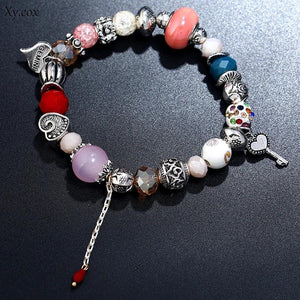 Heart Charm Bracelet with Crystal Beads - Fits Snake Chain