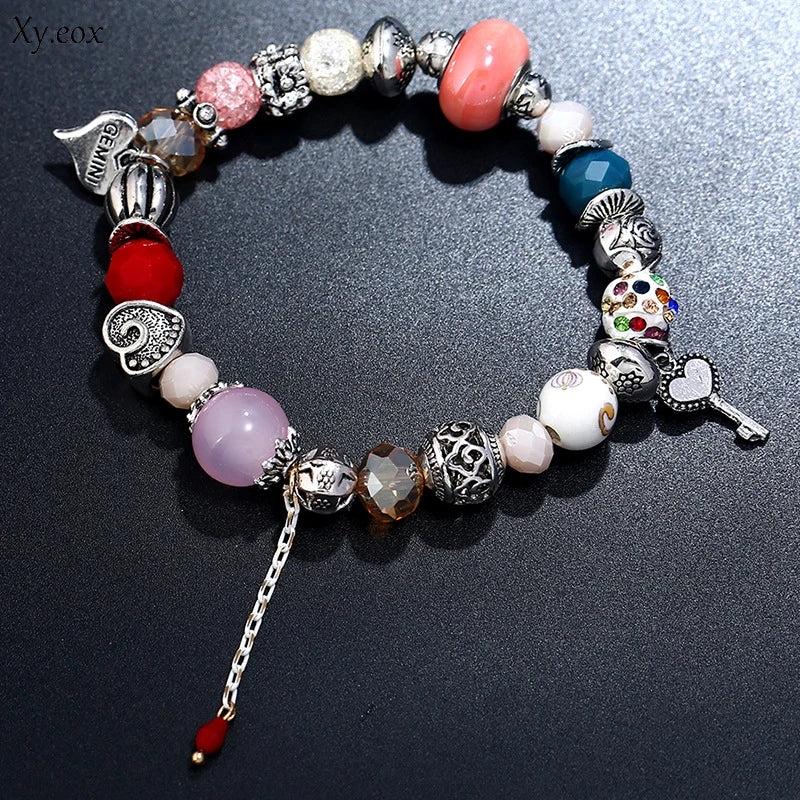 Heart Charm Bracelet with Crystal Beads - Fits Snake Chain