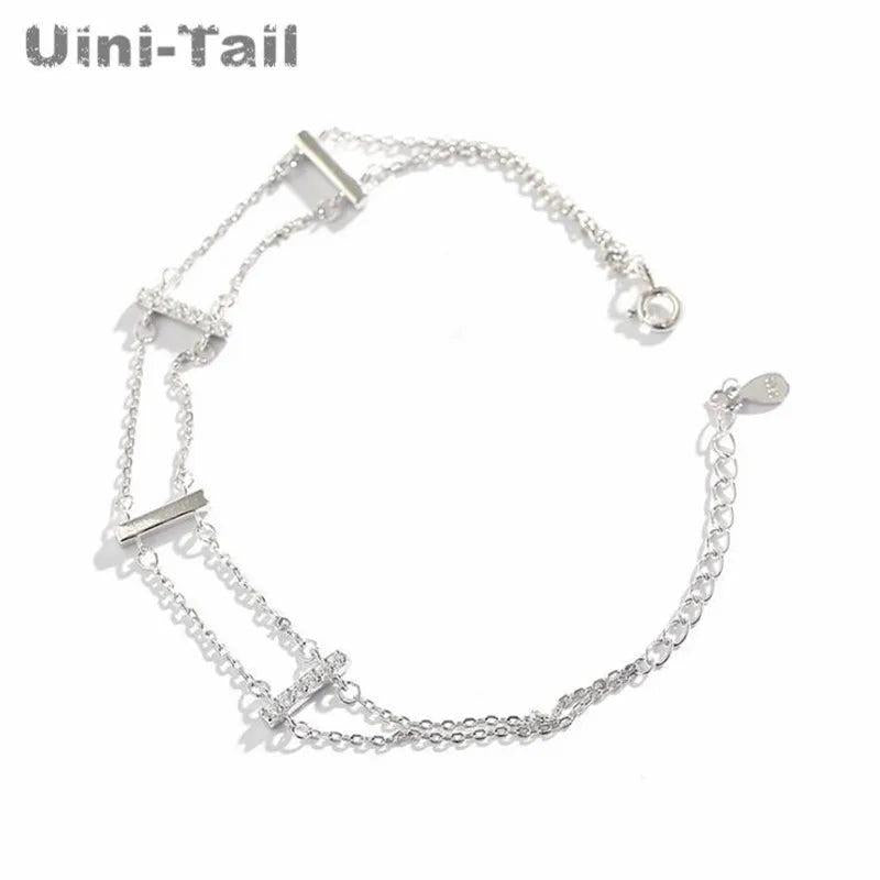 925 Tibetan Silver Double-Layer Crossbar Micro-Inlaid Bracelet Niche