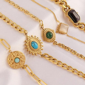 Vintage Stainless Steel Turquoise Pendant Chain Bracelet