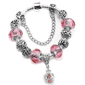 Vintage Silver Crystal Glass Crown Pendant Bracelet for Snake Chain