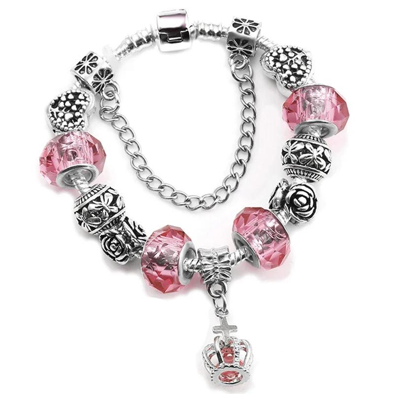 Vintage Silver Crystal Glass Crown Pendant Bracelet for Snake Chain