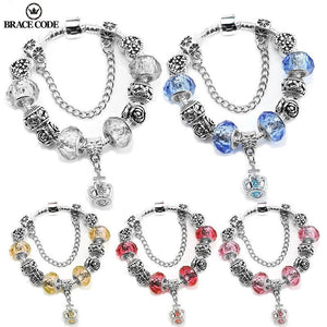 Vintage Silver Crystal Glass Crown Pendant Bracelet for Snake Chain