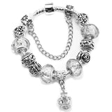 Vintage Silver Crystal Glass Crown Pendant Bracelet for Snake Chain