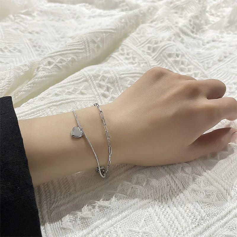 925 Stamp Silver Women's Snake Bone Chain Bracelets Heart Double Layer Jewelry