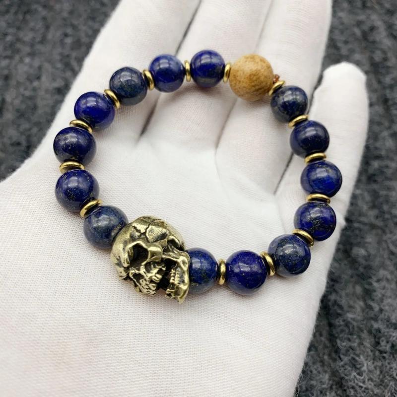 Lapis Lazuli Brass Skull Head Hand Chain Bracelet Retro Punk Hiphop Men