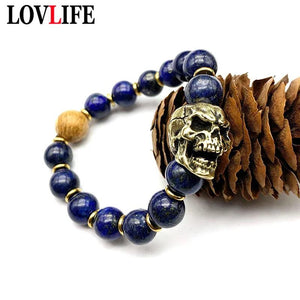 Lapis Lazuli Brass Skull Head Hand Chain Bracelet Retro Punk Hiphop Men