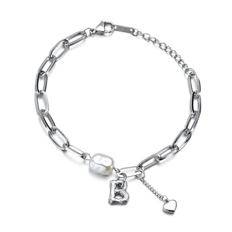 Pearl Letter B Pendant Bracelet Stainless Steel Chain Friendship Gift