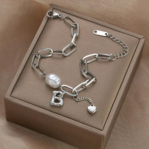 Pearl Letter B Pendant Bracelet Stainless Steel Chain Friendship Gift