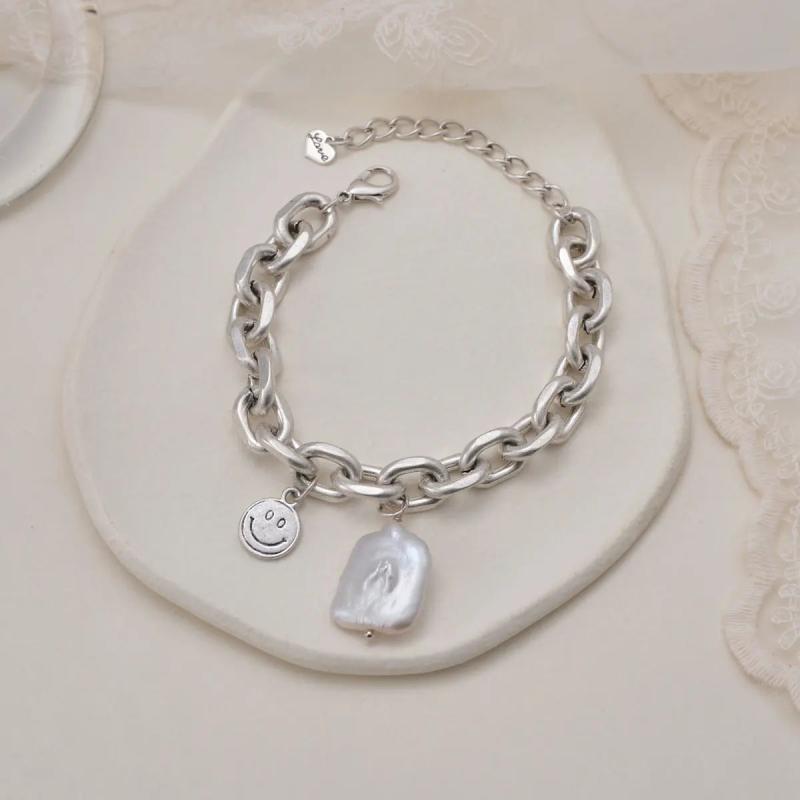 Adjustable Stainless Steel Silver Bracelet with Pearl Smiley Charm