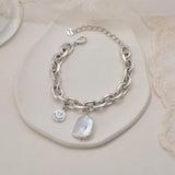 Adjustable Stainless Steel Silver Bracelet with Pearl Smiley Charm