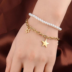 Stainless Steel Double Layer Heart Star Butterfly Pearl Bracelet