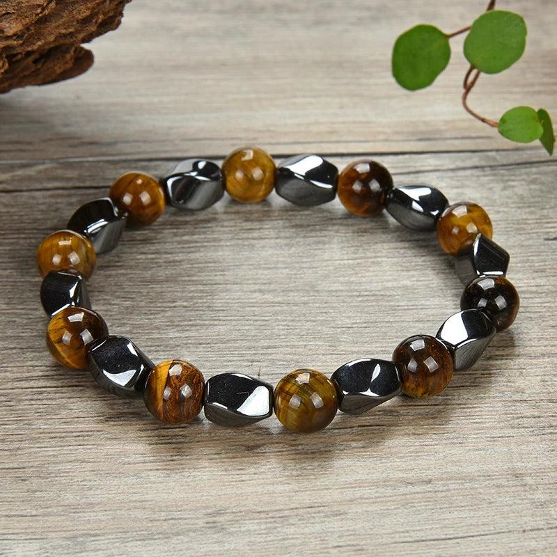 Bracelet naturel en agate noire, oeil de tigre lisse rond