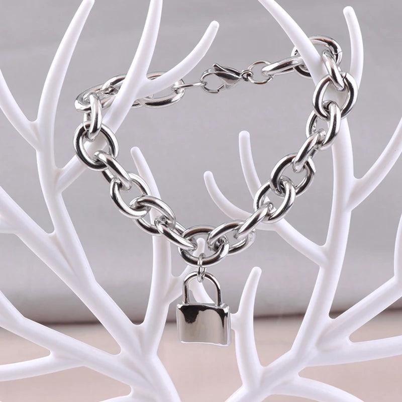 Women Stainless Steel Lock Bracelet Bangles PadLock Pendant Friendship Gift