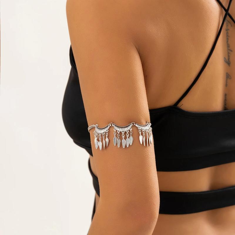Metal Leaf Tassel Arm Cuff Bracelet for Women