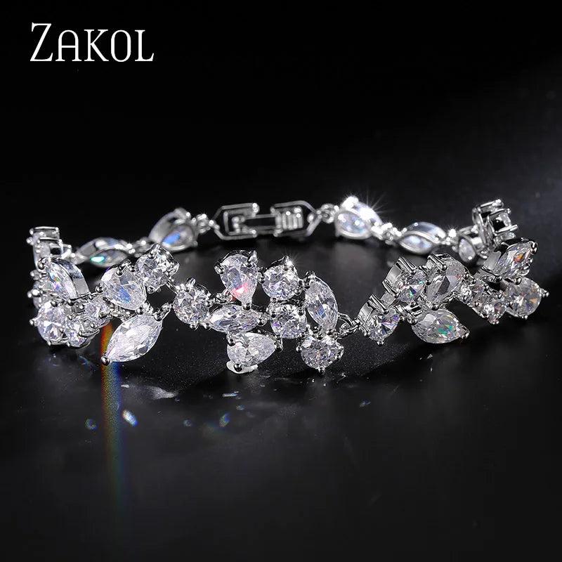 CZ Flower Chain Bracelet Bangle Leaf Wedding Jewelry BP014