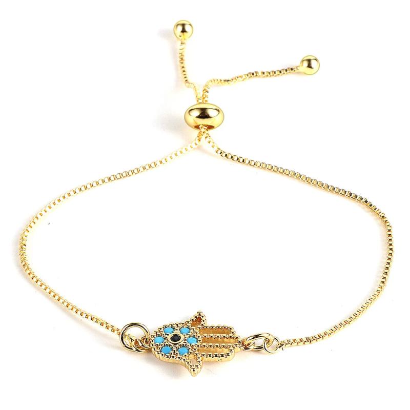 18K Plated Chain Bracelet Fatima Hand Evil Eye Charm Adjustable Cuff