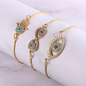 18K Plated Chain Bracelet Fatima Hand Evil Eye Charm Adjustable Cuff