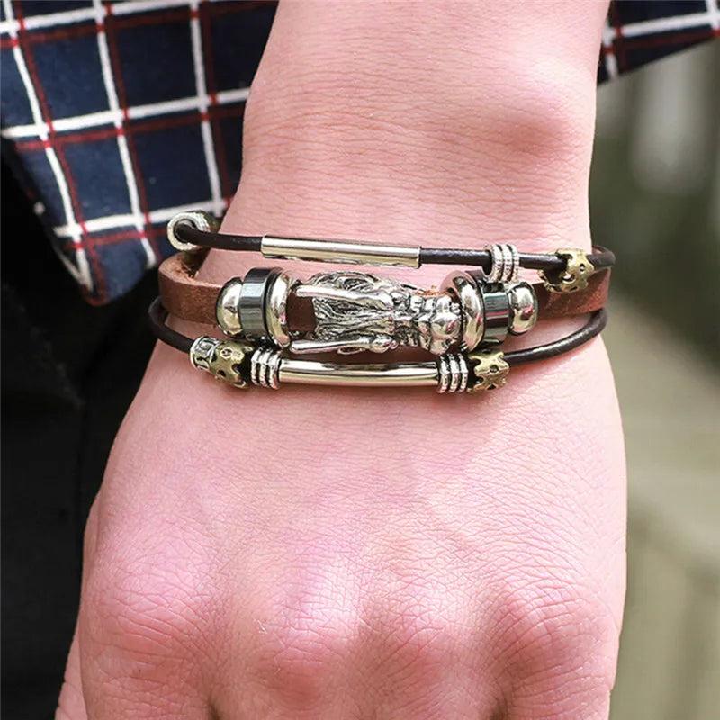 Vintage Tibetan Silver Dragon Leather Bracelet Men's Jewelry