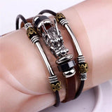 Vintage Tibetan Silver Dragon Leather Bracelet Men's Jewelry